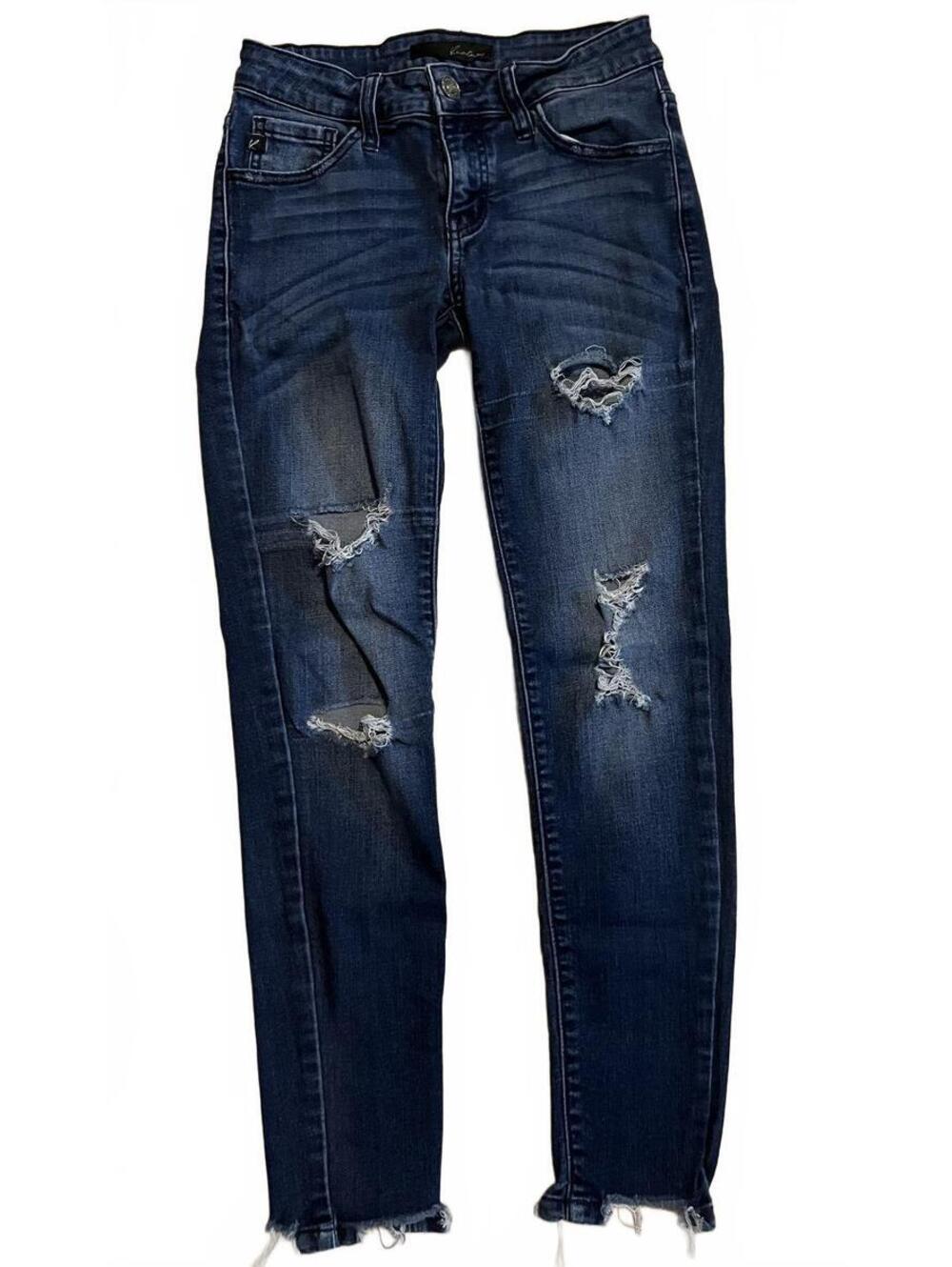 Dark wash distressed skinny jeans